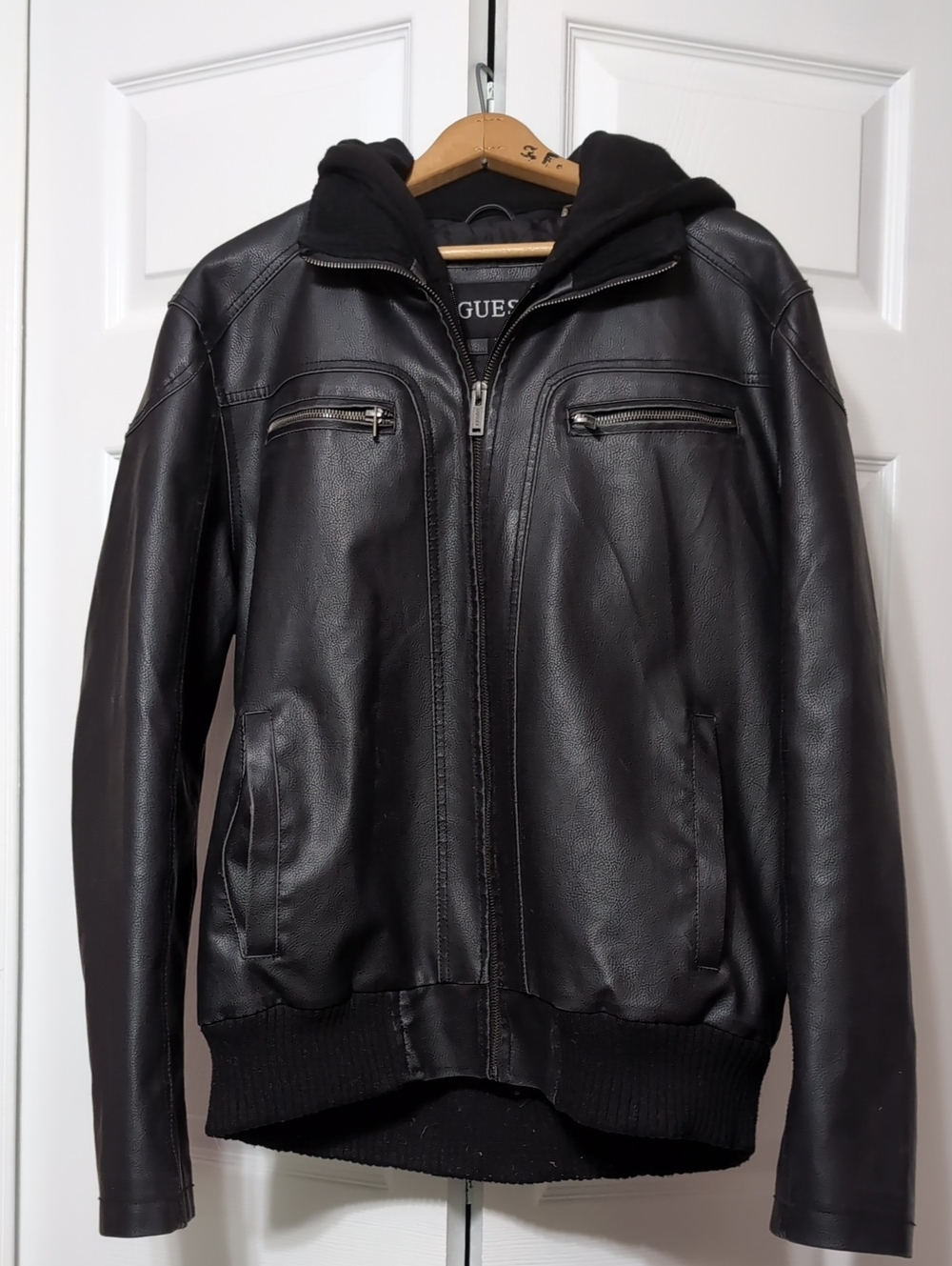 GUESS Black Faux Leather Bomber Jacket with Hooded Liner